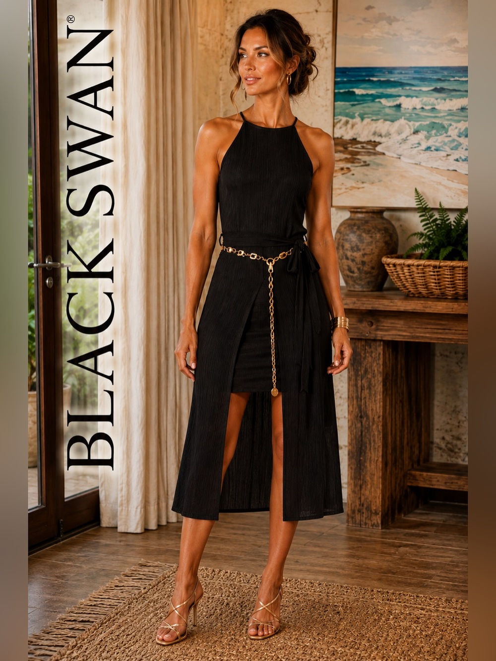 Black Swan Halter Overlay Romper Wrap Skirt Side Slit Textured Resort Cocktail S